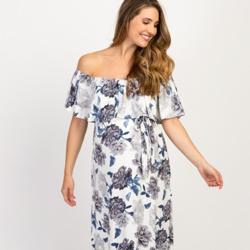 Floral Off Shoulder Sash Tie Maternity Maxi